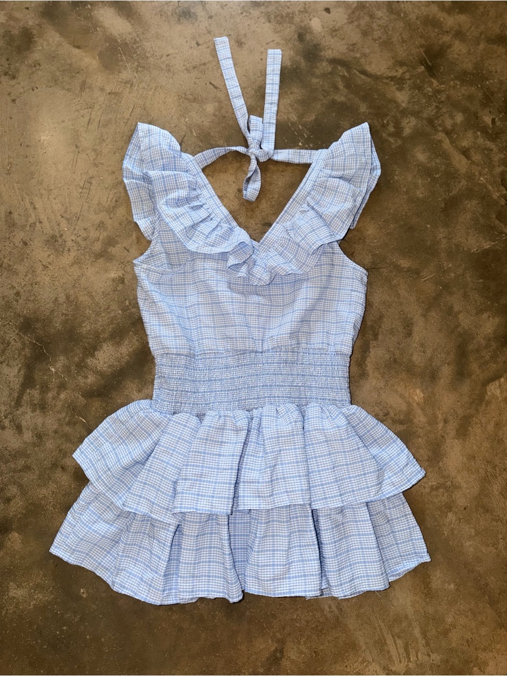 Day + Moon Blue Gingham Ruffle Romper Dress Style Smocked Tie Back Size L - Picture 4 of 10